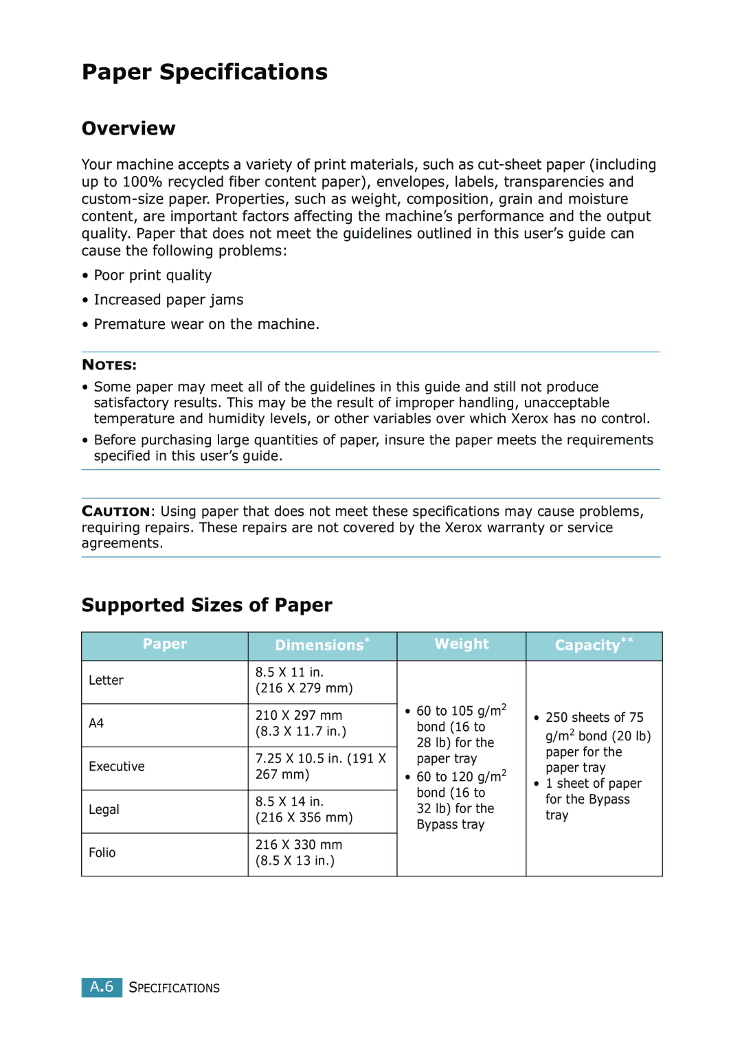 Xerox WorkCentre PE16 manual Paper Specifications, Overview, Supported Sizes of Paper, Paper Dimensions Weight Capacity 