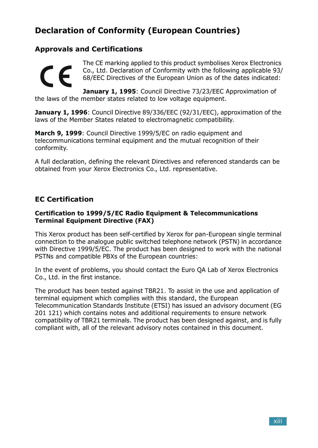 Xerox WorkCentre PE16 manual Declaration of Conformity European Countries, Approvals and Certifications, EC Certification 