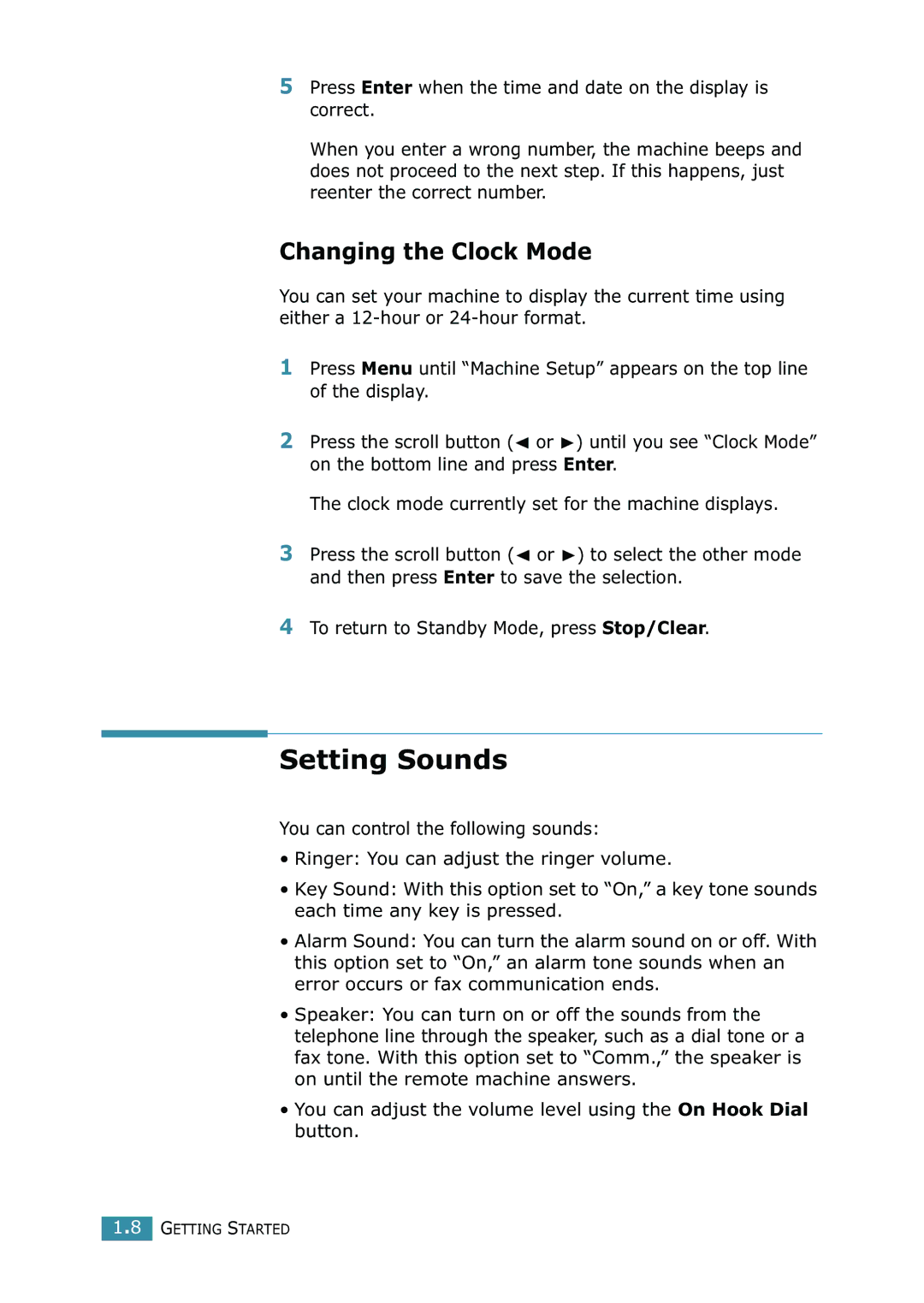 Xerox WorkCentre PE16 manual Setting Sounds, Changing the Clock Mode 