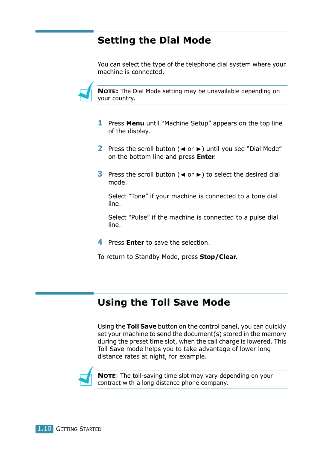 Xerox WorkCentre PE16 manual Setting the Dial Mode, Using the Toll Save Mode 