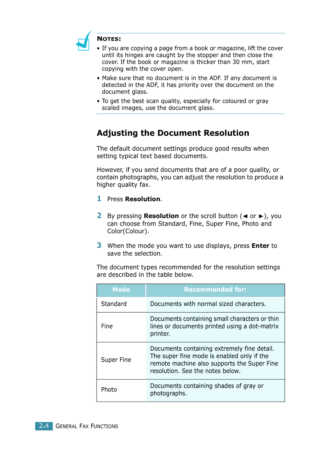 Xerox WorkCentre PE16 manual Adjusting the Document Resolution, Press Resolution, Mode Recommended for 