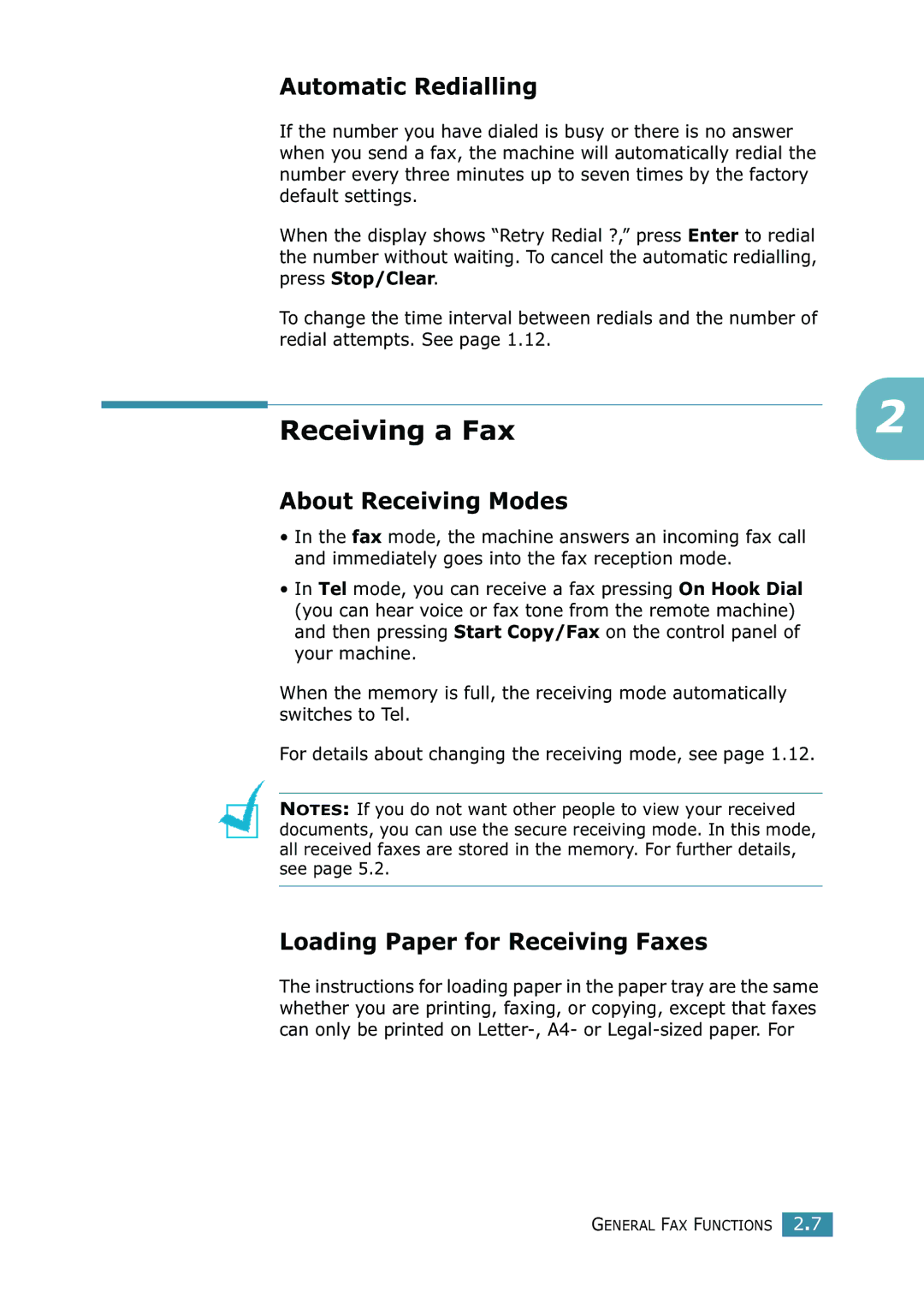 Xerox WorkCentre PE16 Receiving a Fax, Automatic Redialling, About Receiving Modes, Loading Paper for Receiving Faxes 