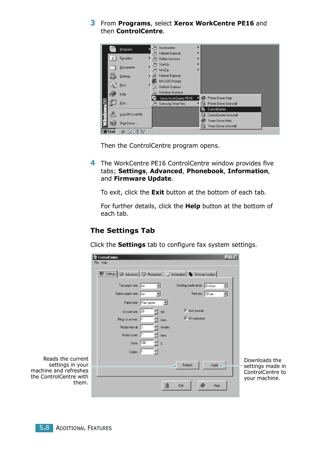 Xerox WorkCentre PE16 manual Settings Tab, Click the Settings tab to configure fax system settings 