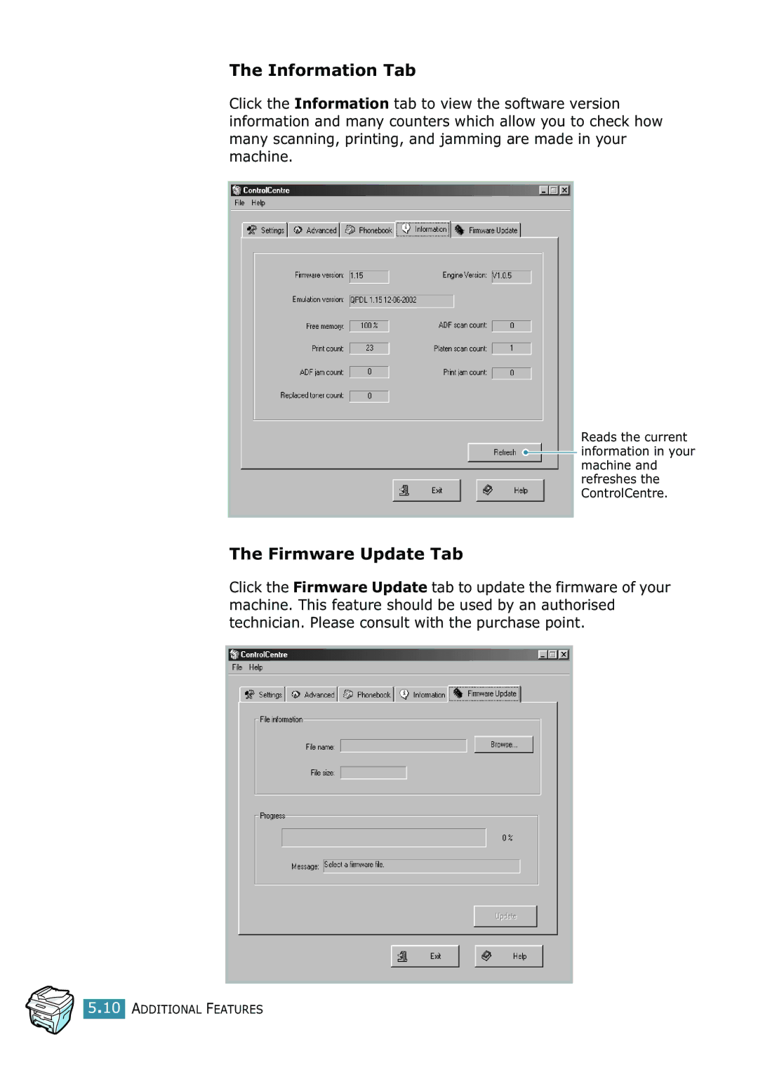 Xerox WorkCentre PE16 manual Information Tab, Firmware Update Tab 