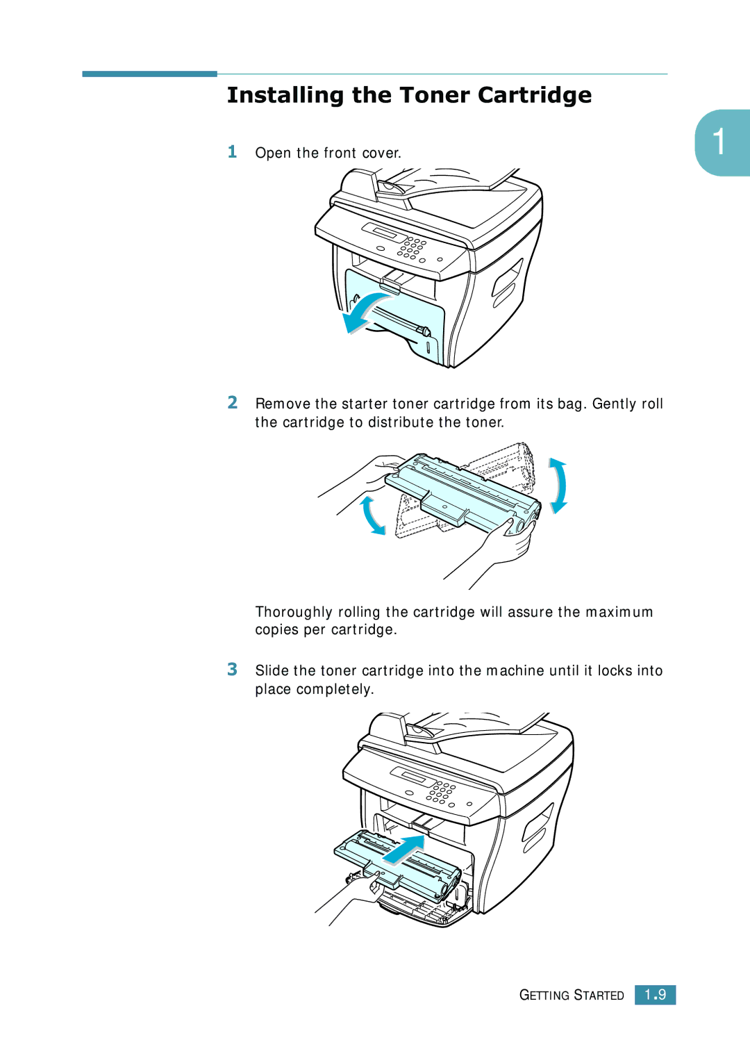 Xerox WorkCentre PE16 manual Installing the Toner Cartridge 