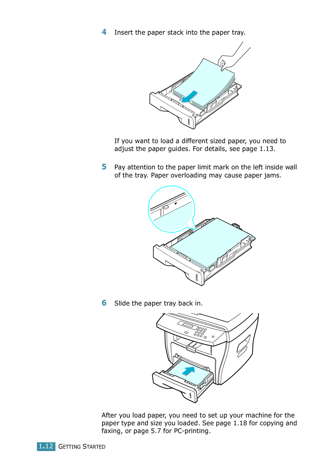 Xerox WorkCentre PE16 manual Insert the paper stack into the paper tray 