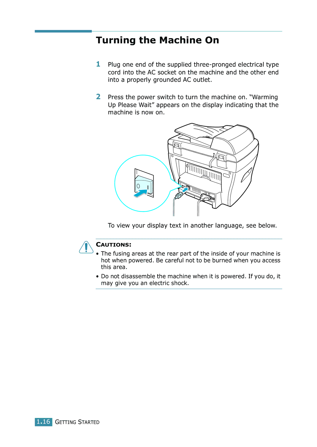 Xerox WorkCentre PE16 manual Turning the Machine On 