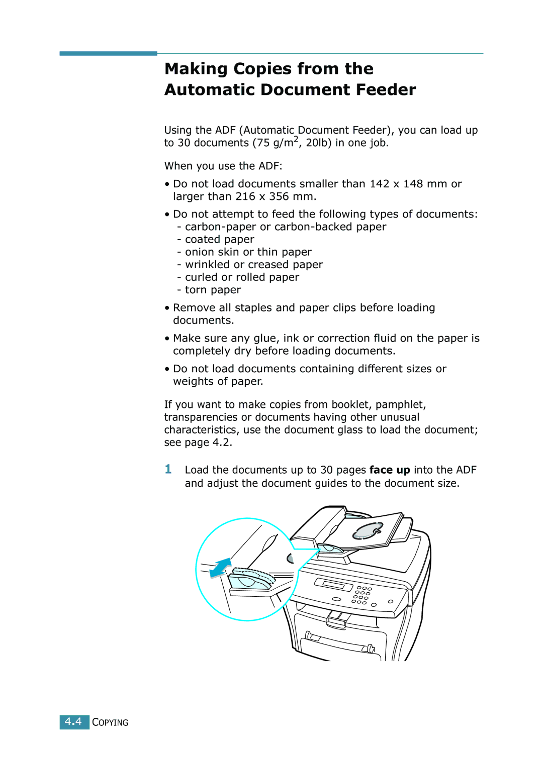 Xerox WorkCentre PE16 manual Making Copies from the Automatic Document Feeder 