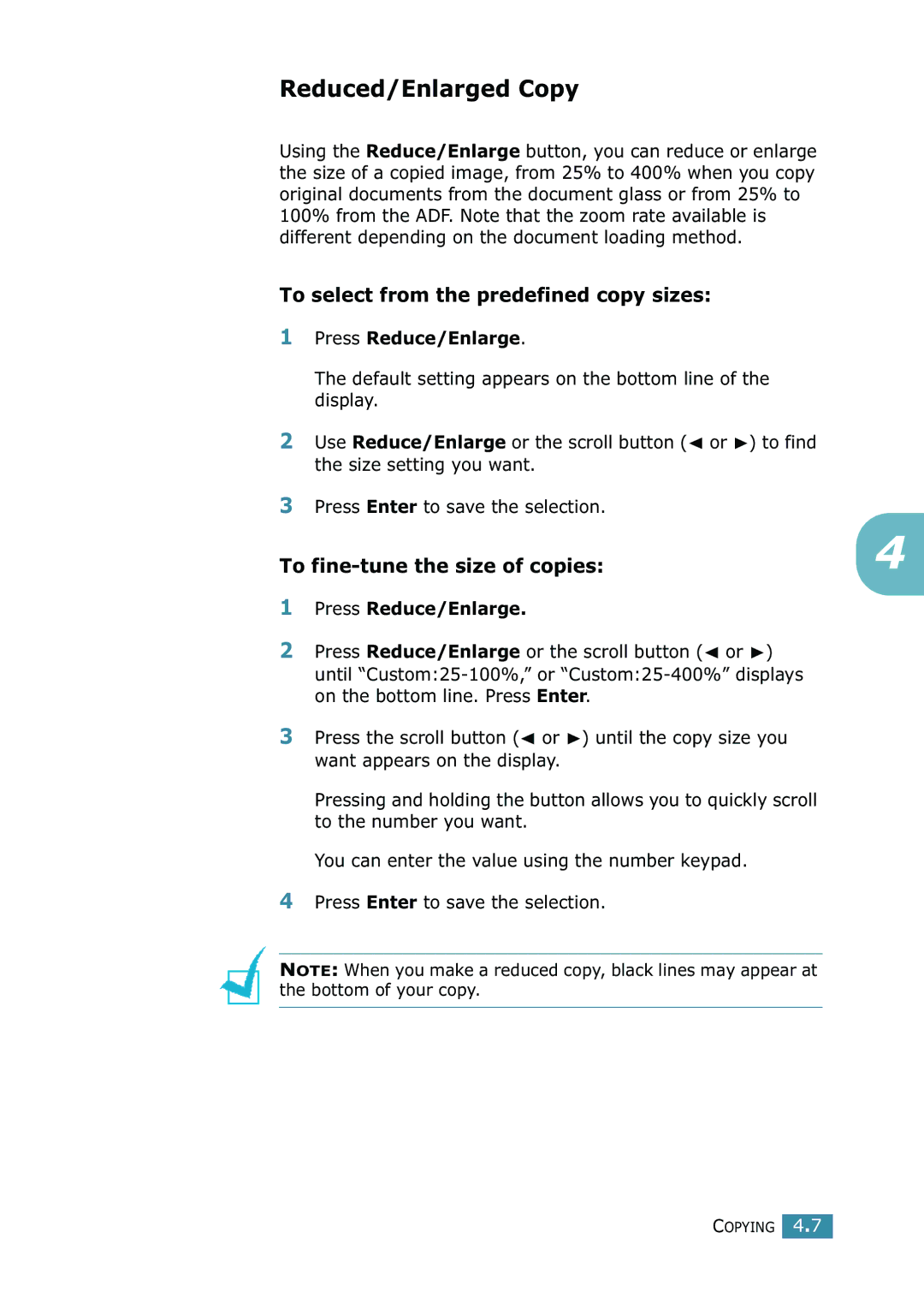 Xerox WorkCentre PE16 Reduced/Enlarged Copy, To select from the predefined copy sizes, To fine-tune the size of copies 