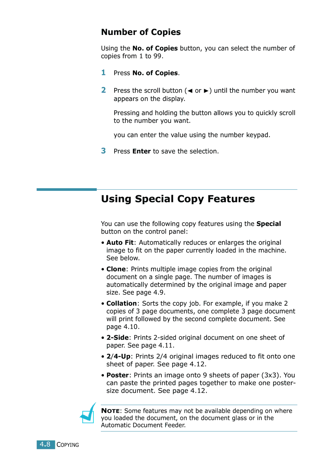 Xerox WorkCentre PE16 manual Using Special Copy Features, Number of Copies, Press No. of Copies 