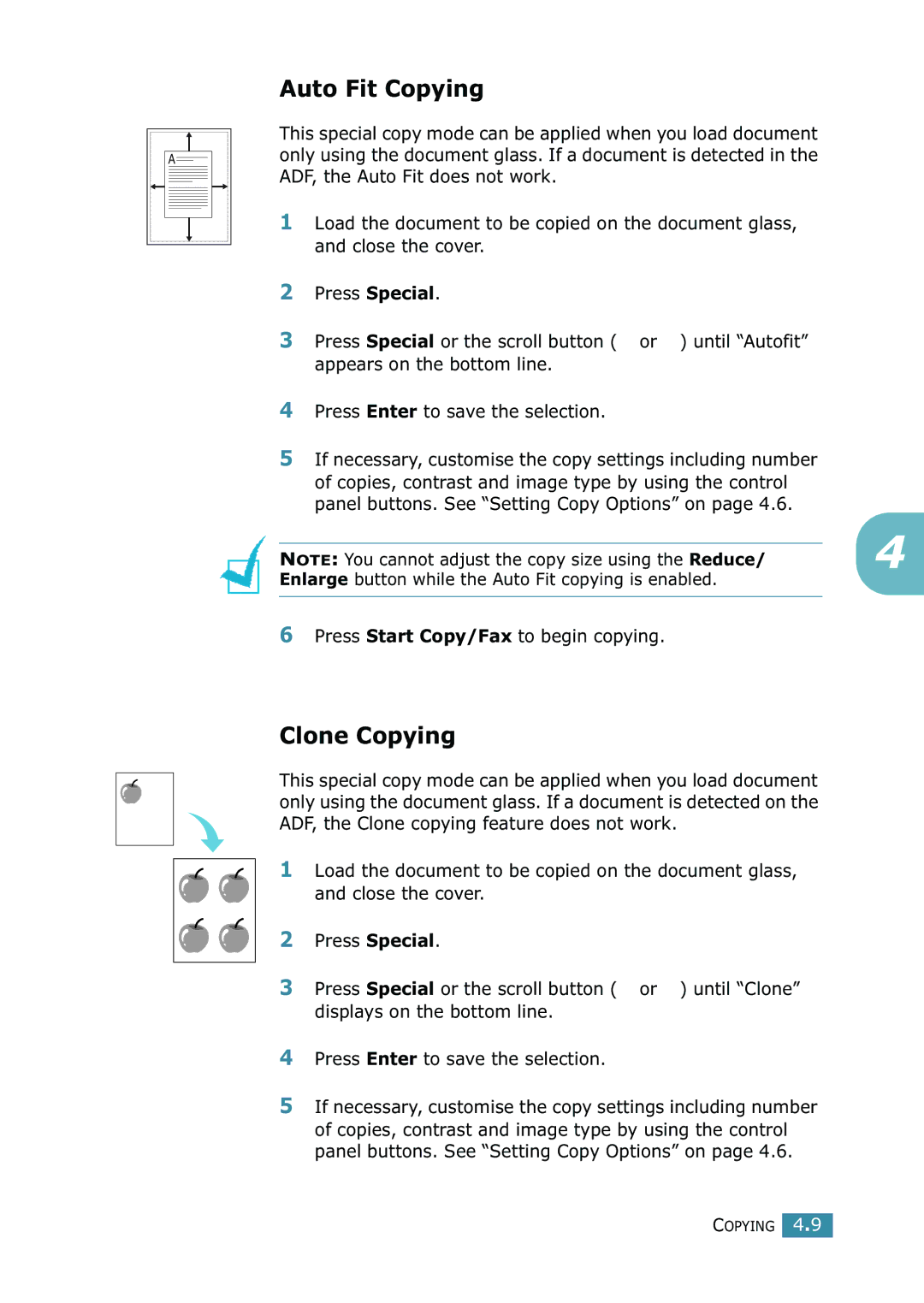 Xerox WorkCentre PE16 manual Auto Fit Copying, Clone Copying, Enlarge button while the Auto Fit copying is enabled 