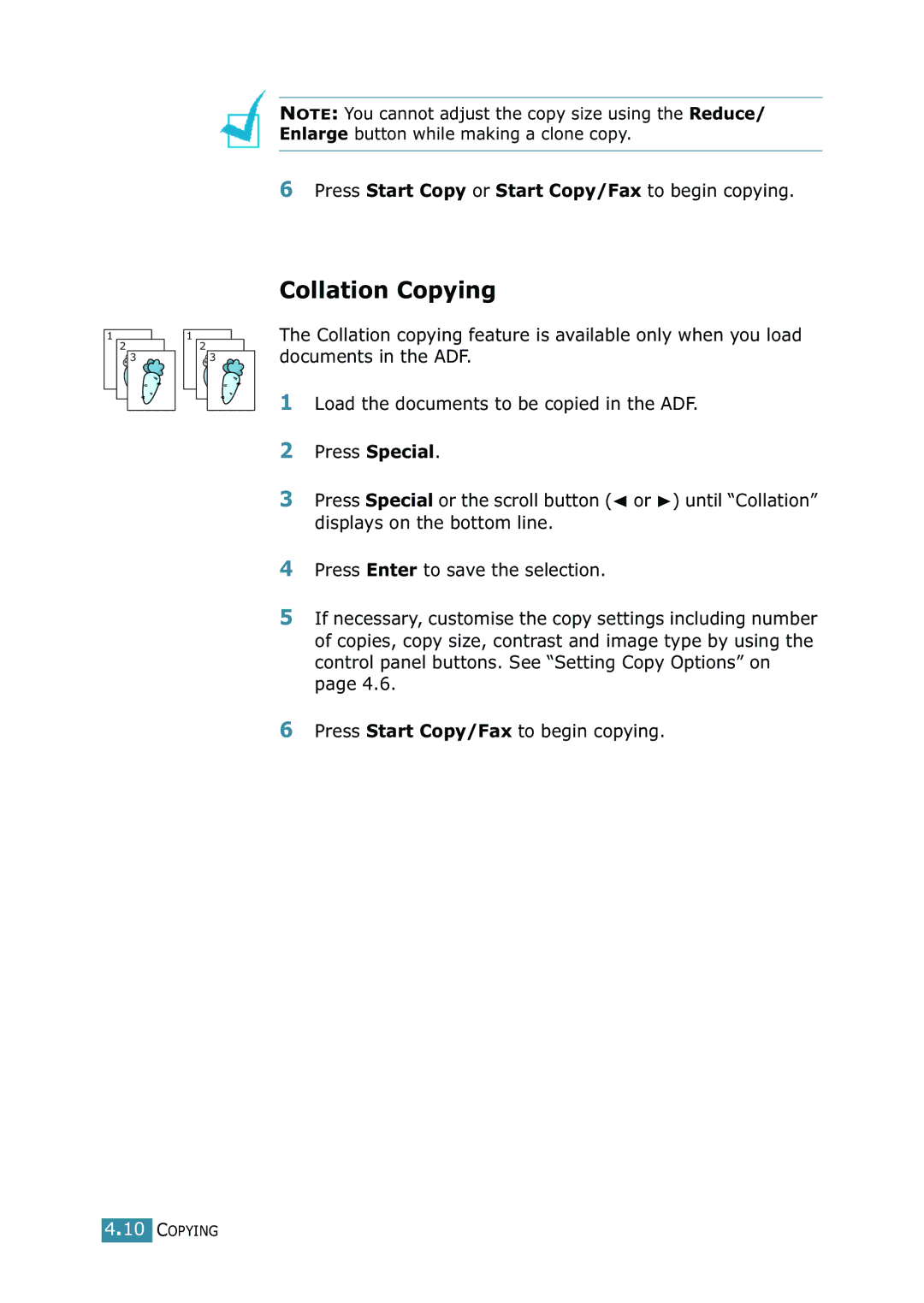 Xerox WorkCentre PE16 manual Collation Copying, Press Start Copy or Start Copy/Fax to begin copying 