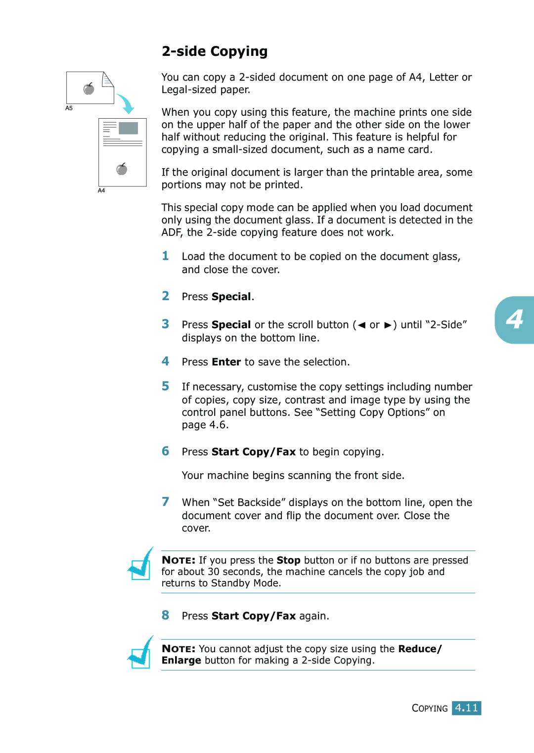 Xerox WorkCentre PE16 manual Side Copying, Press Start Copy/Fax again 