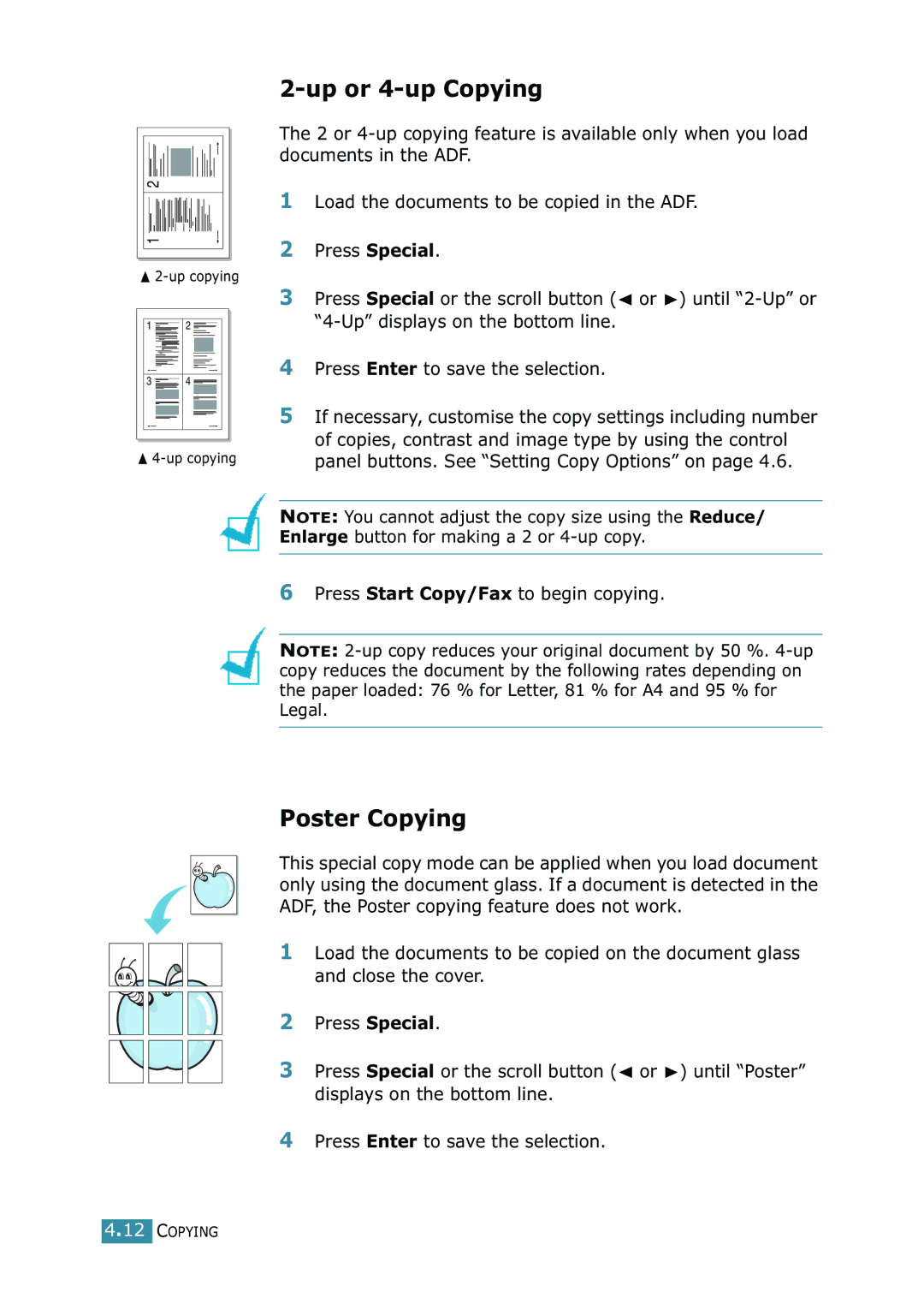 Xerox WorkCentre PE16 manual Up or 4-up Copying, Poster Copying 