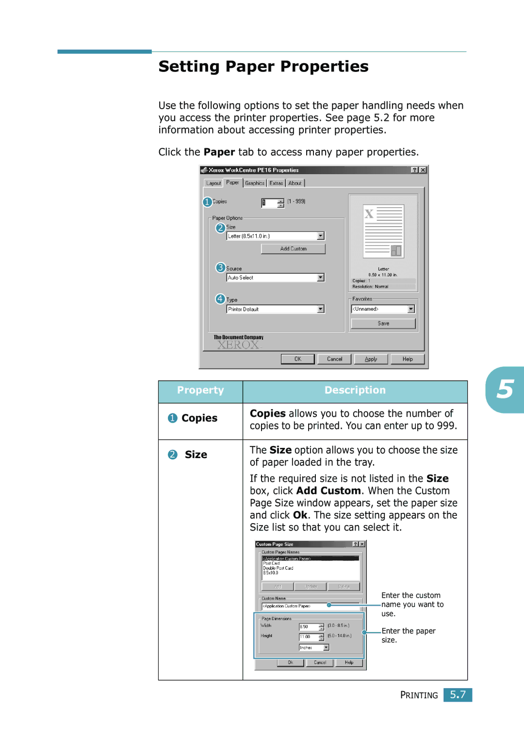 Xerox WorkCentre PE16 manual Setting Paper Properties, Property Description, Size 