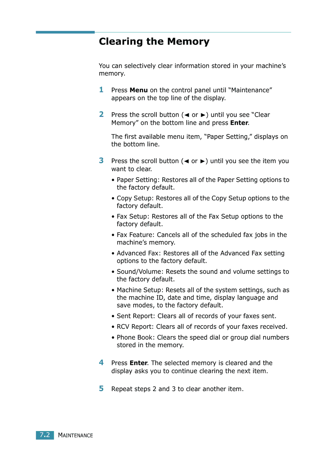 Xerox WorkCentre PE16 manual Clearing the Memory, Repeat steps 2 and 3 to clear another item 