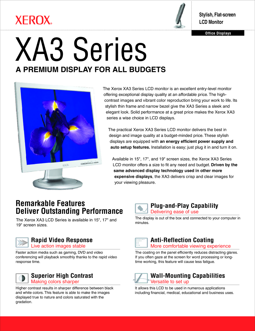 Xerox XA3 Series manual Plug-and-Play Capability, Rapid Video Response, Superior High Contrast, Anti-Reflection Coating 