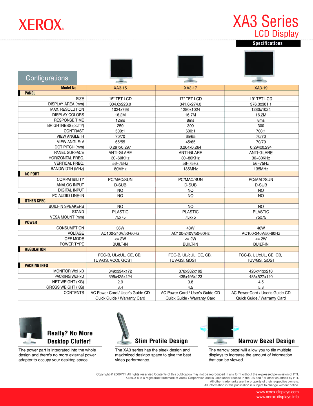 Xerox XA3 Series manual Panel, Port, Other Spec, Power, Regulation, Packing Info 