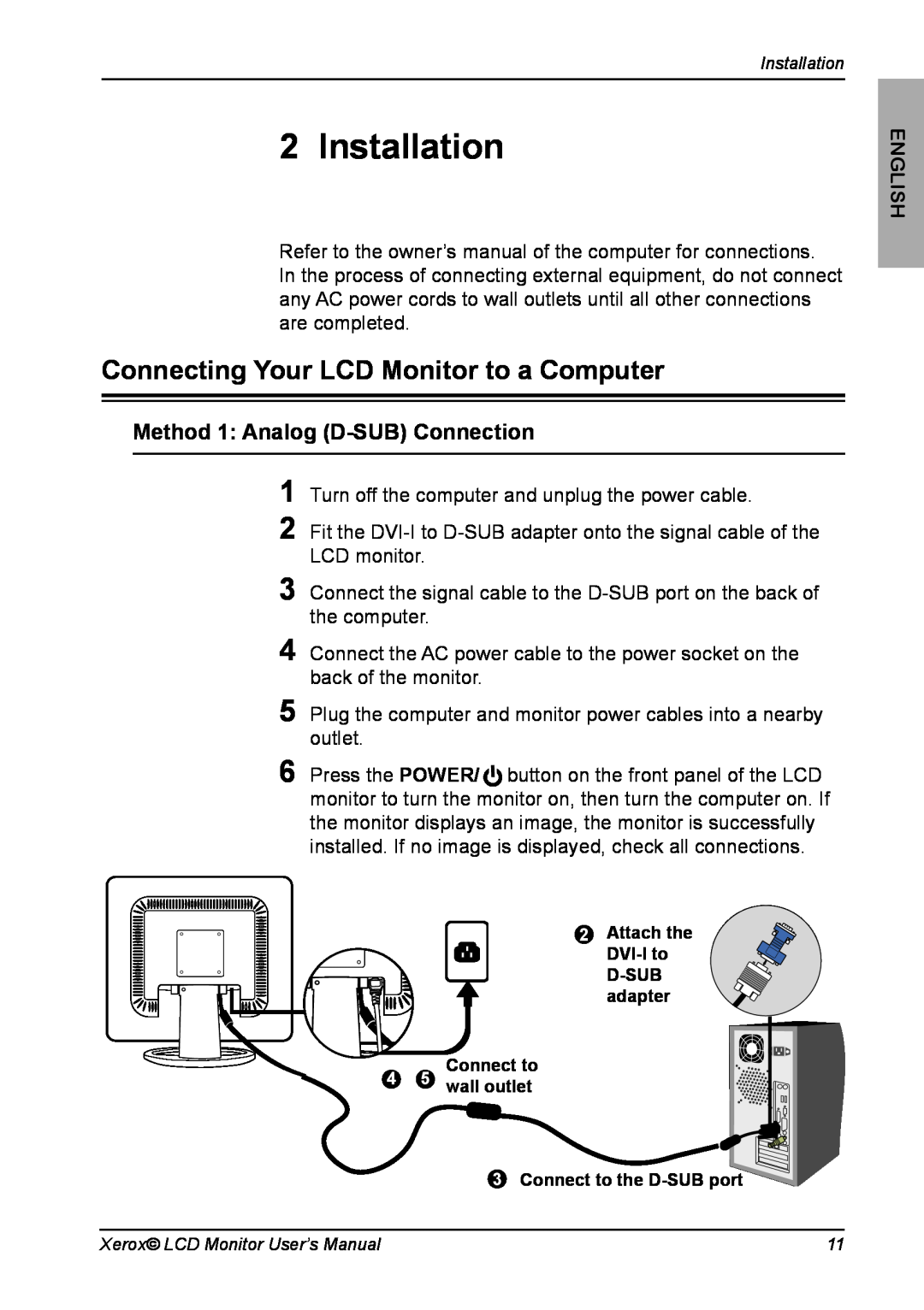 Xerox XA7-19i manual Installation, Connecting Your LCD Monitor to a Computer, Method 1 Analog D-SUB Connection, English 