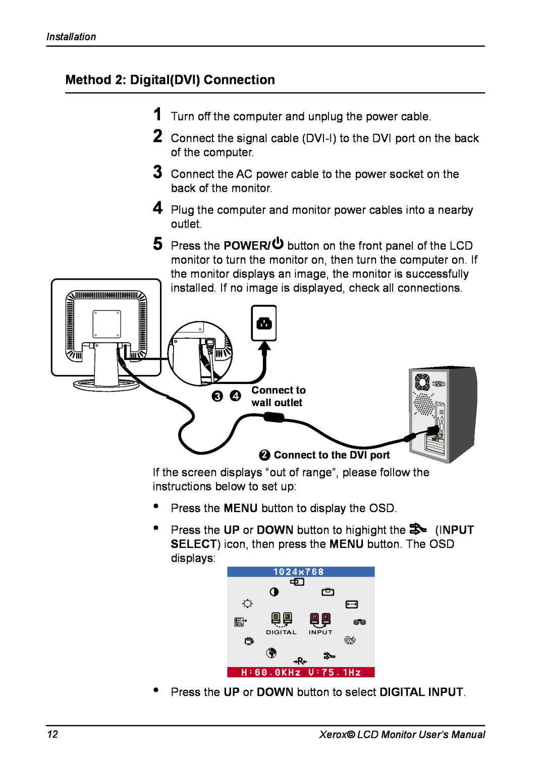 Xerox XA7-19i manual Method 2 DigitalDVI Connection, Connect to the DVI port 