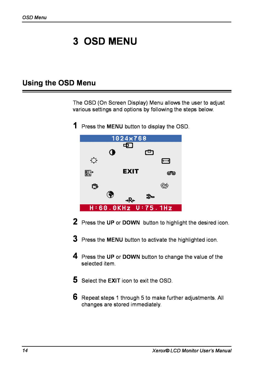 Xerox XA7-19i manual Osd Menu, Using the OSD Menu, Exit 