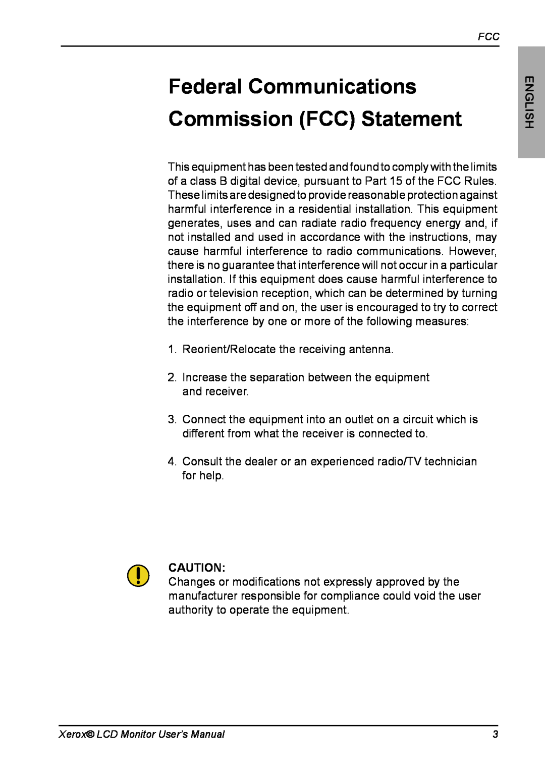Xerox XA7-19i manual Federal Communications Commission FCC Statement, English 