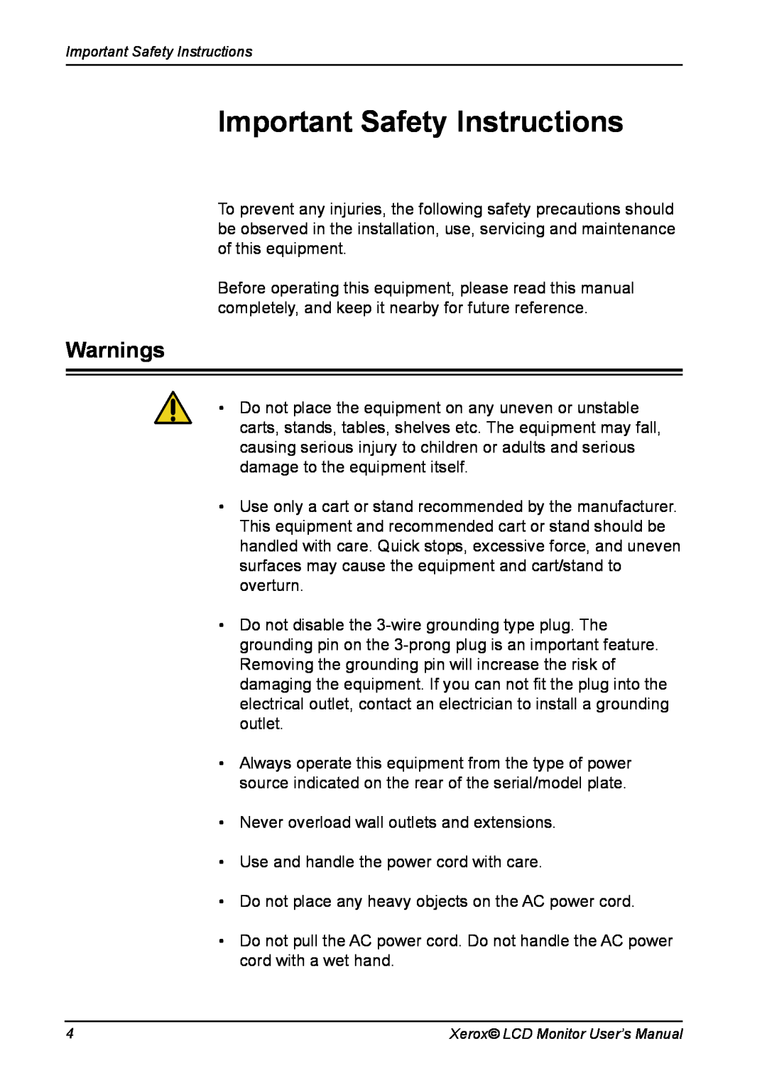 Xerox XA7-19i manual Important Safety Instructions, Warnings 