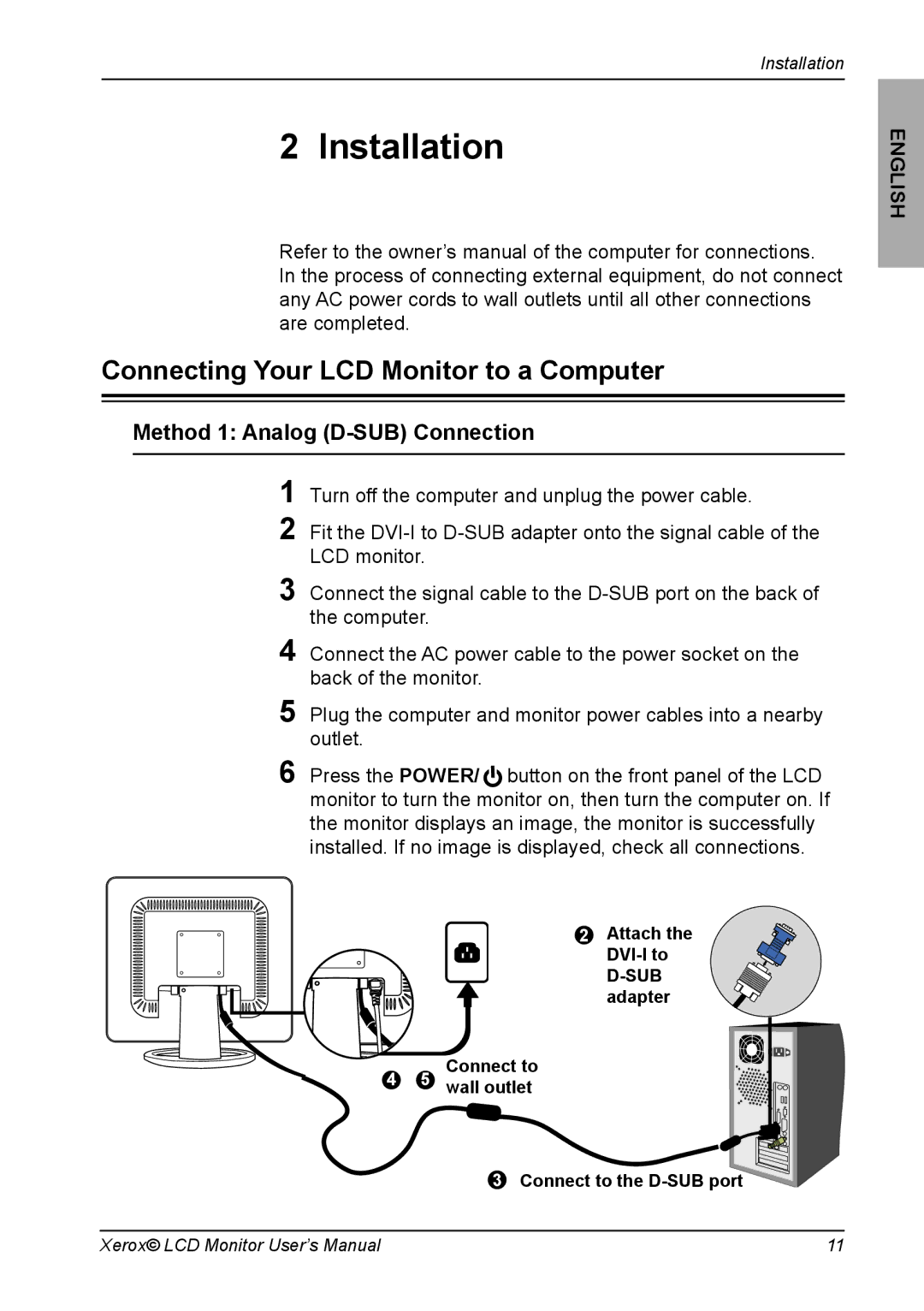 Xerox XA7 SERIES manual Installation, Connecting Your LCD Monitor to a Computer 