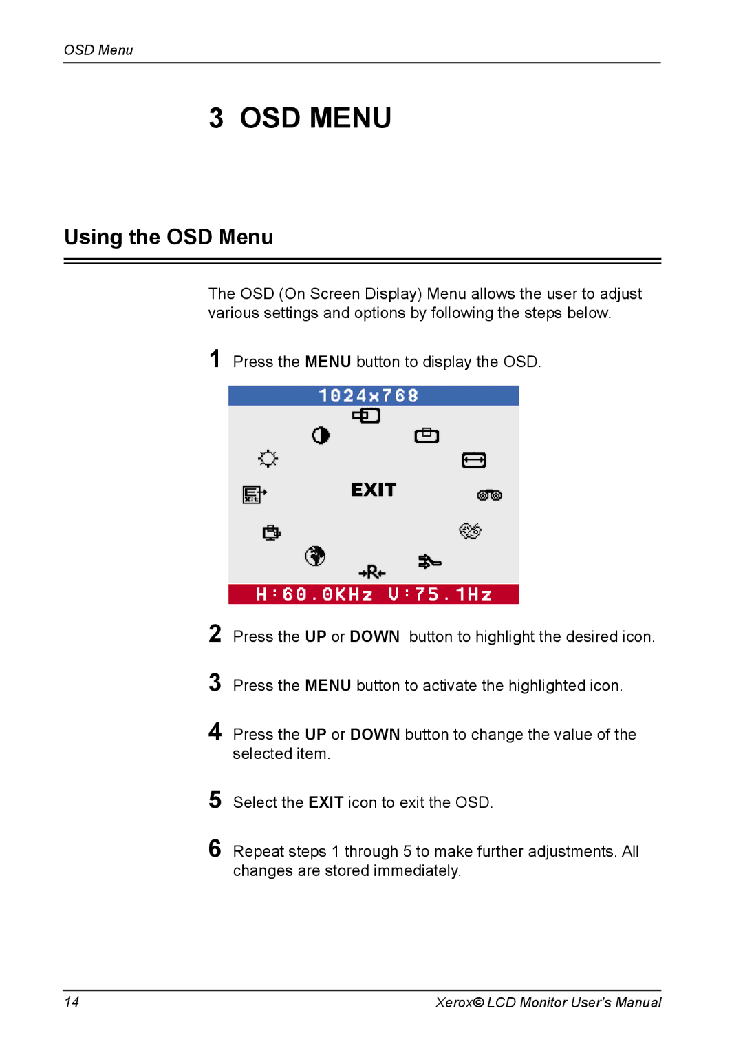 Xerox XA7 SERIES manual Using the OSD Menu 