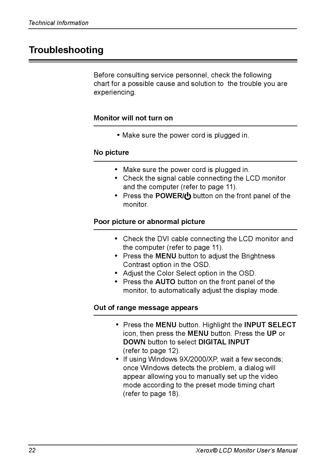 Xerox XA7 SERIES manual Troubleshooting, Monitor will not turn on, No picture, Poor picture or abnormal picture 