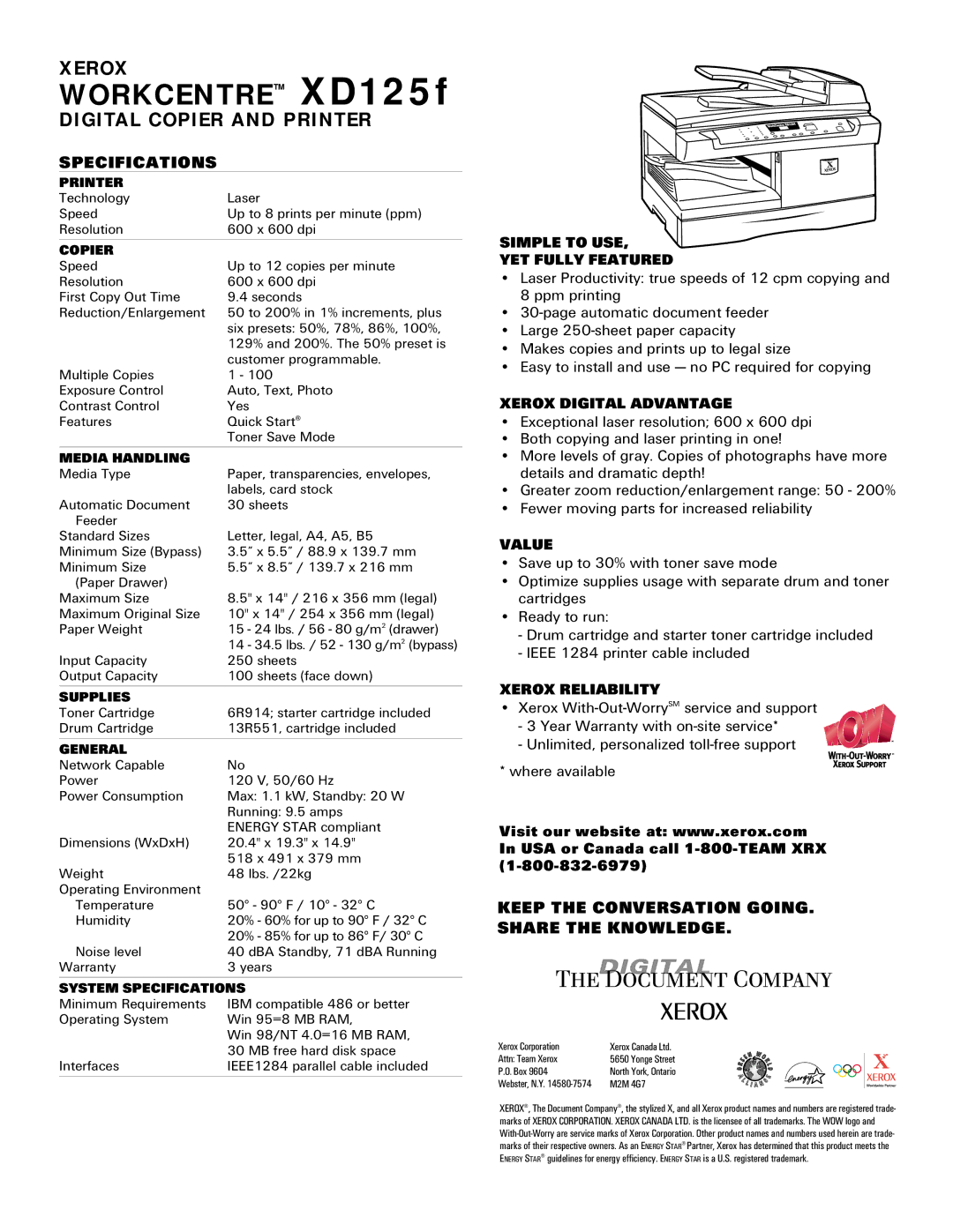 Xerox XD125F specifications Simple to USE YET Fully Featured, Xerox Digital Advantage, Value, Xerox Reliability 