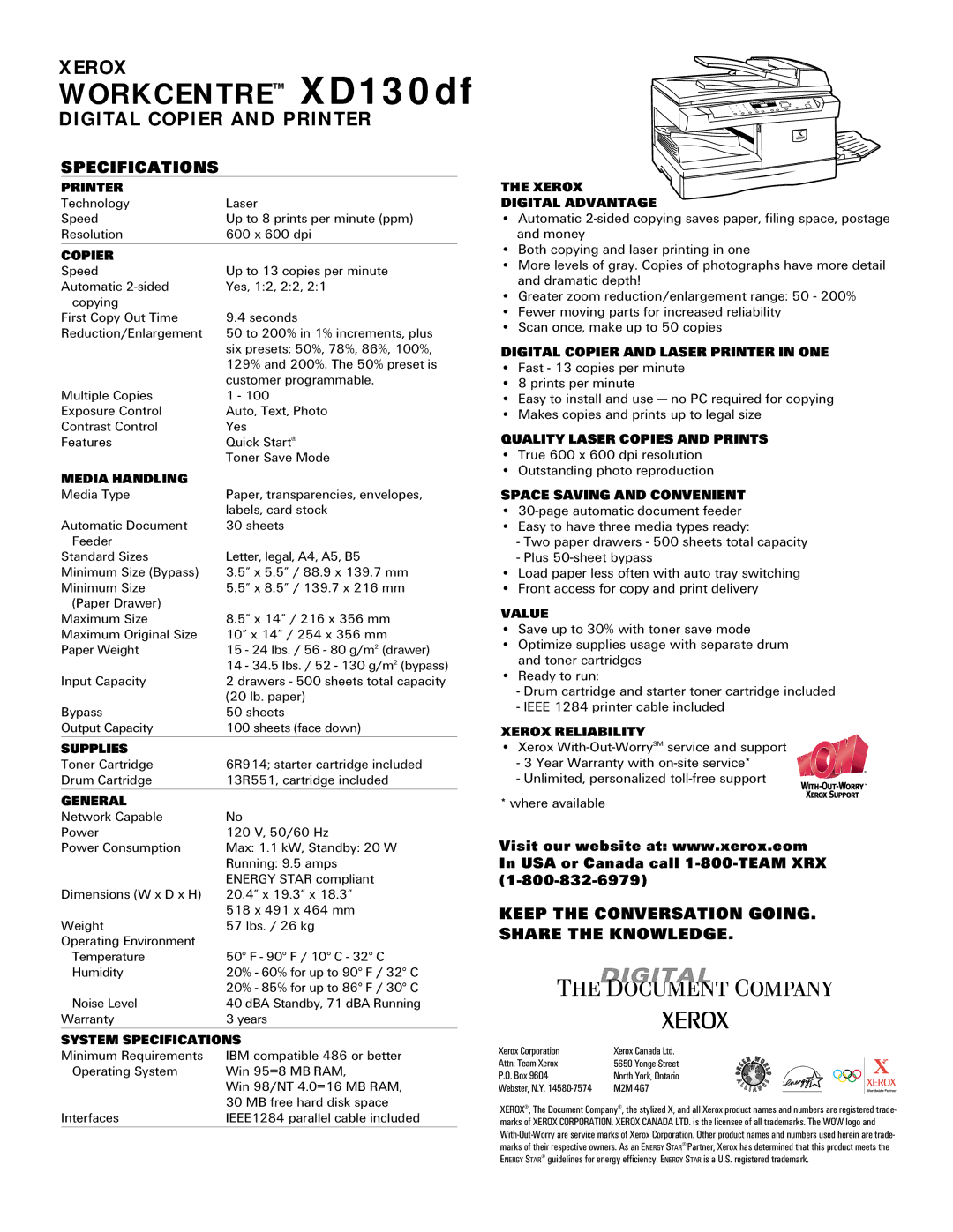 Xerox XD130DF specifications Printer, Copier, Media Handling, Supplies, General, System Specifications, Value 