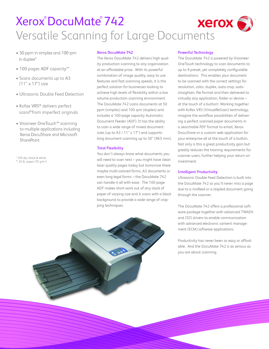Xerox XDM7425DWU manual Xerox DocuMate, Versatile Scanning for Large Documents, ppm in simplex and 100 ipm in duplex 