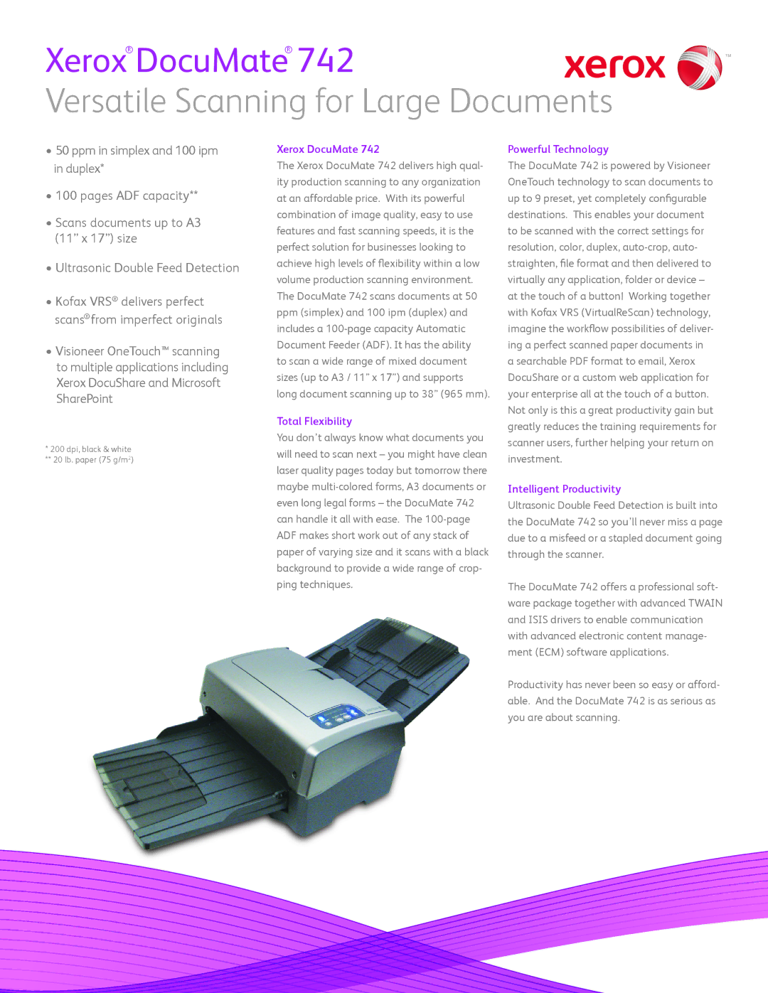 Xerox XDM7425DWU/VP manual Xerox DocuMate, Total Flexibility, Powerful Technology Intelligent Productivity 