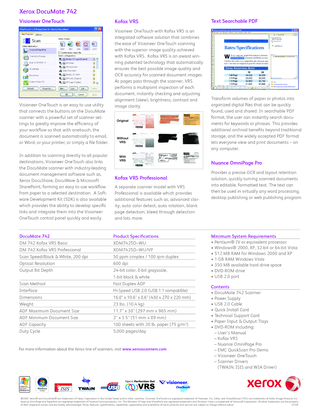 Xerox XDM7425DWU/VP manual Visioneer OneTouch, Kofax VRS Professional, Nuance OmniPage Pro 