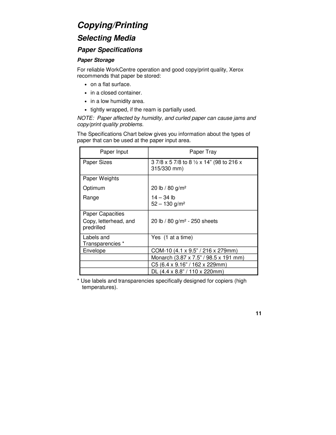 Xerox XE80, XE82, XE60, XE62 manual Selecting Media, Paper Specifications 