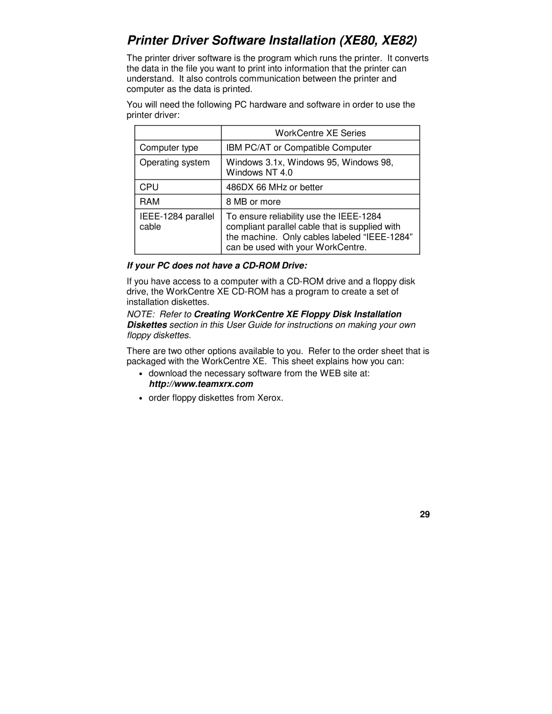 Xerox XE60, XE62 manual Printer Driver Software Installation XE80, XE82, Ram 