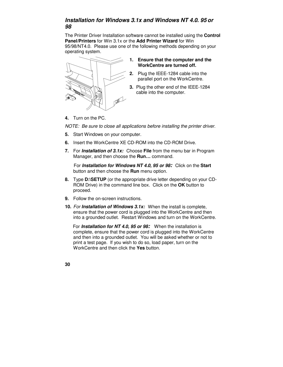 Xerox XE62 Installation for Windows 3.1x and Windows NT 4.0 or, Ensure that the computer and the WorkCentre are turned off 