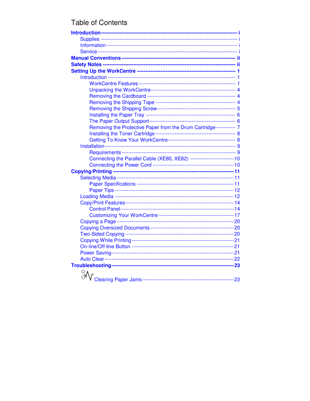 Xerox XE80, XE82, XE60, XE62 manual Table of Contents 