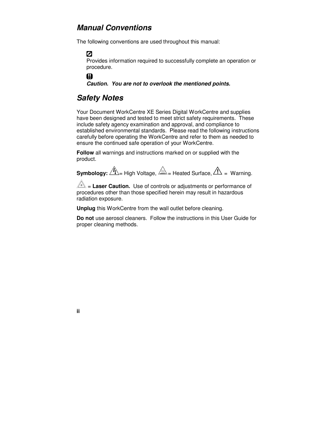 Xerox XE62, XE80, XE82, XE60 manual Manual Conventions, Safety Notes, Symbology 