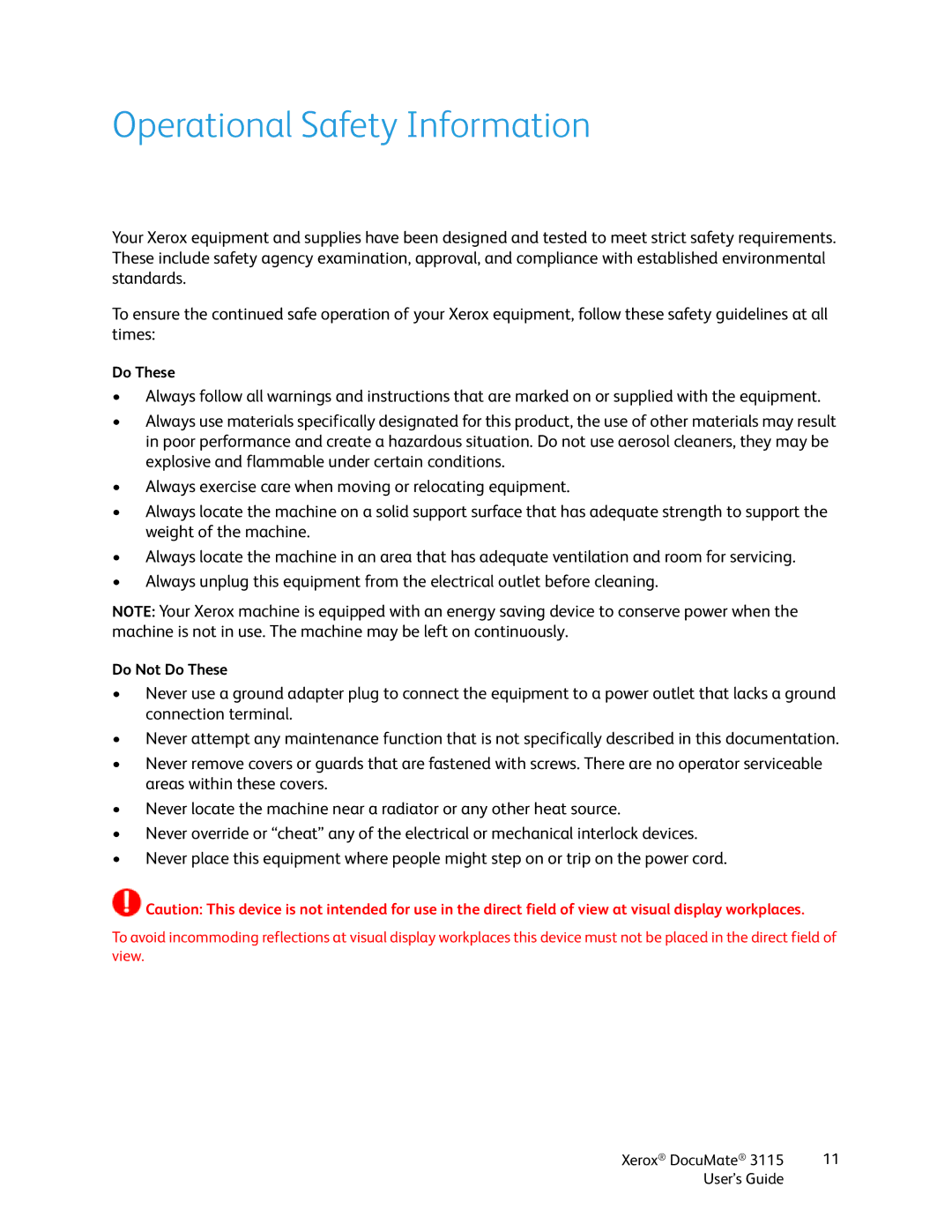 Xerox xerox documate 3115 manual Operational Safety Information 