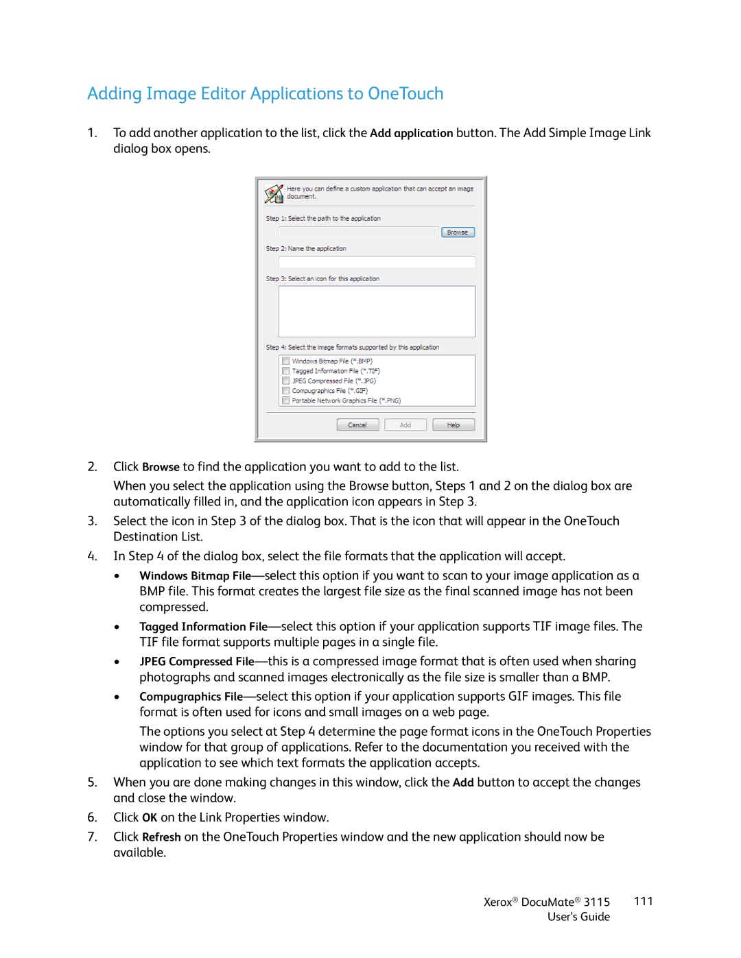 Xerox xerox documate 3115 manual Adding Image Editor Applications to OneTouch 