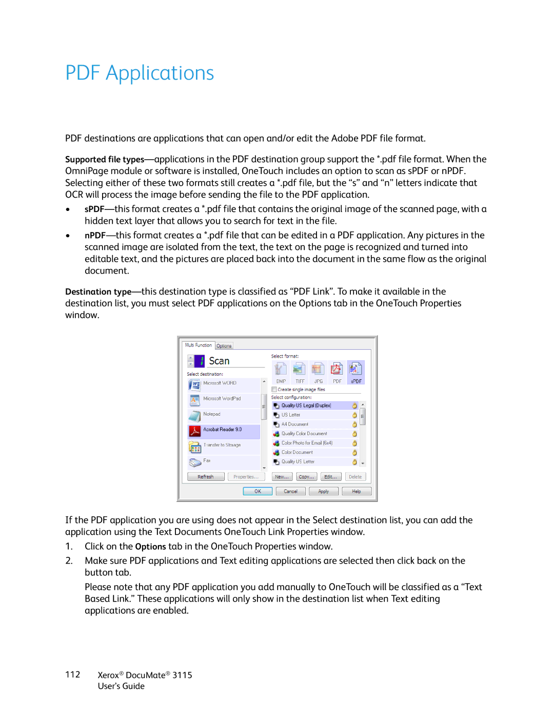 Xerox xerox documate 3115 manual Click on the Options tab in the OneTouch Properties window 