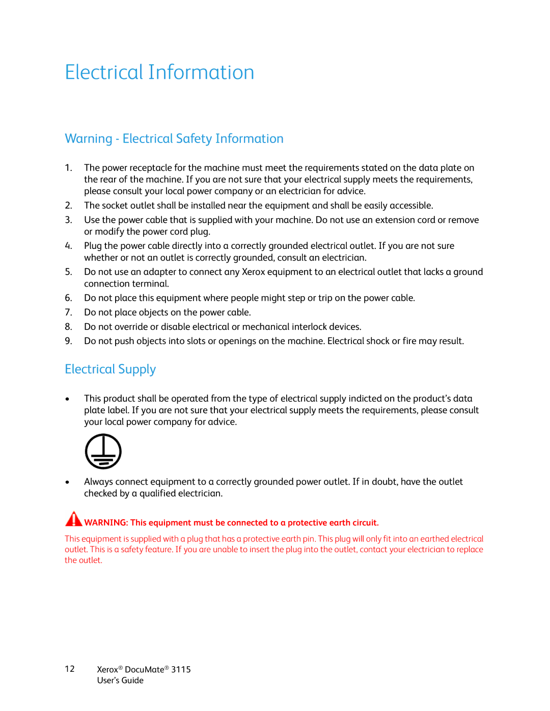 Xerox xerox documate 3115 manual Electrical Information, Electrical Supply 