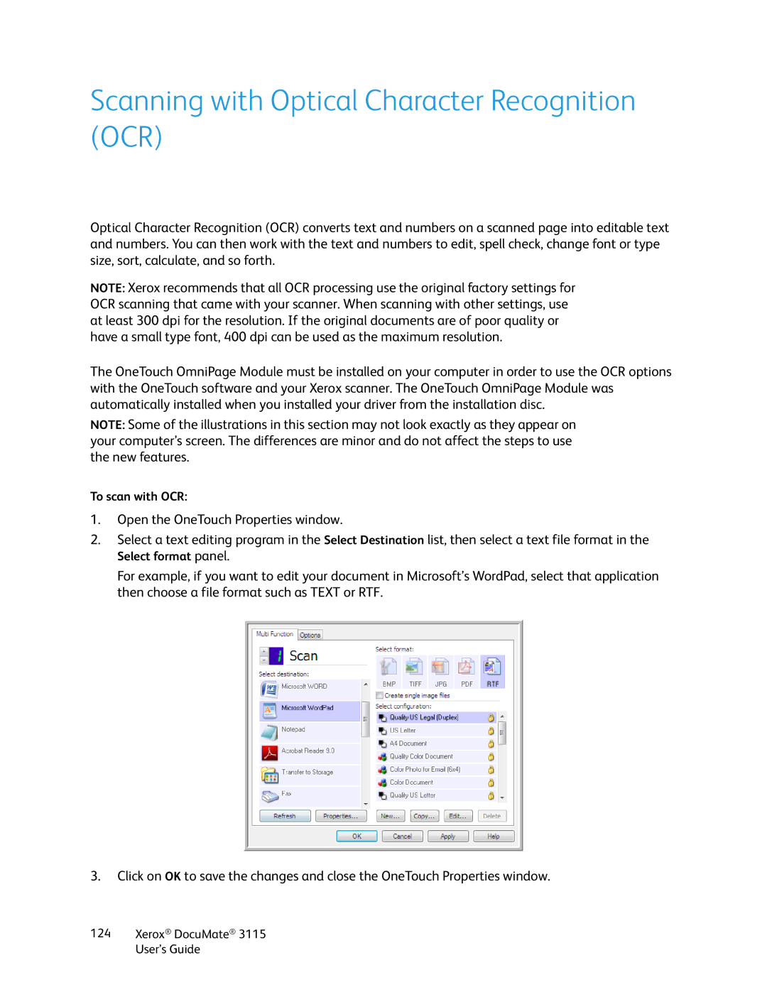 Xerox xerox documate 3115 manual Scanning with Optical Character Recognition OCR 