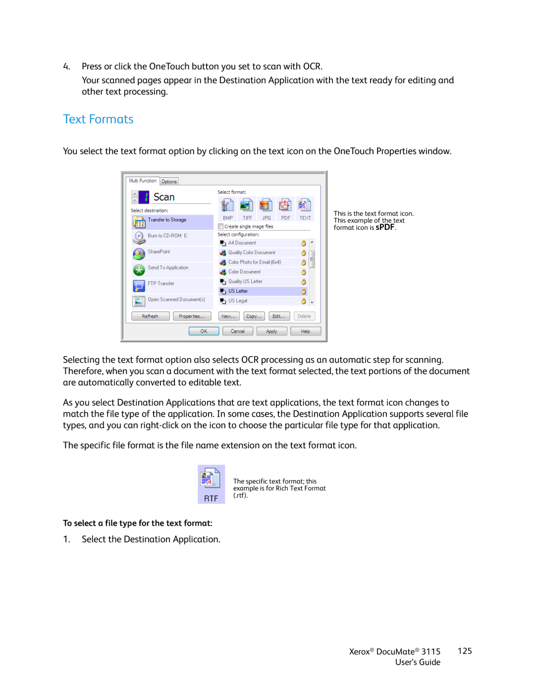 Xerox xerox documate 3115 manual Select the Destination Application 