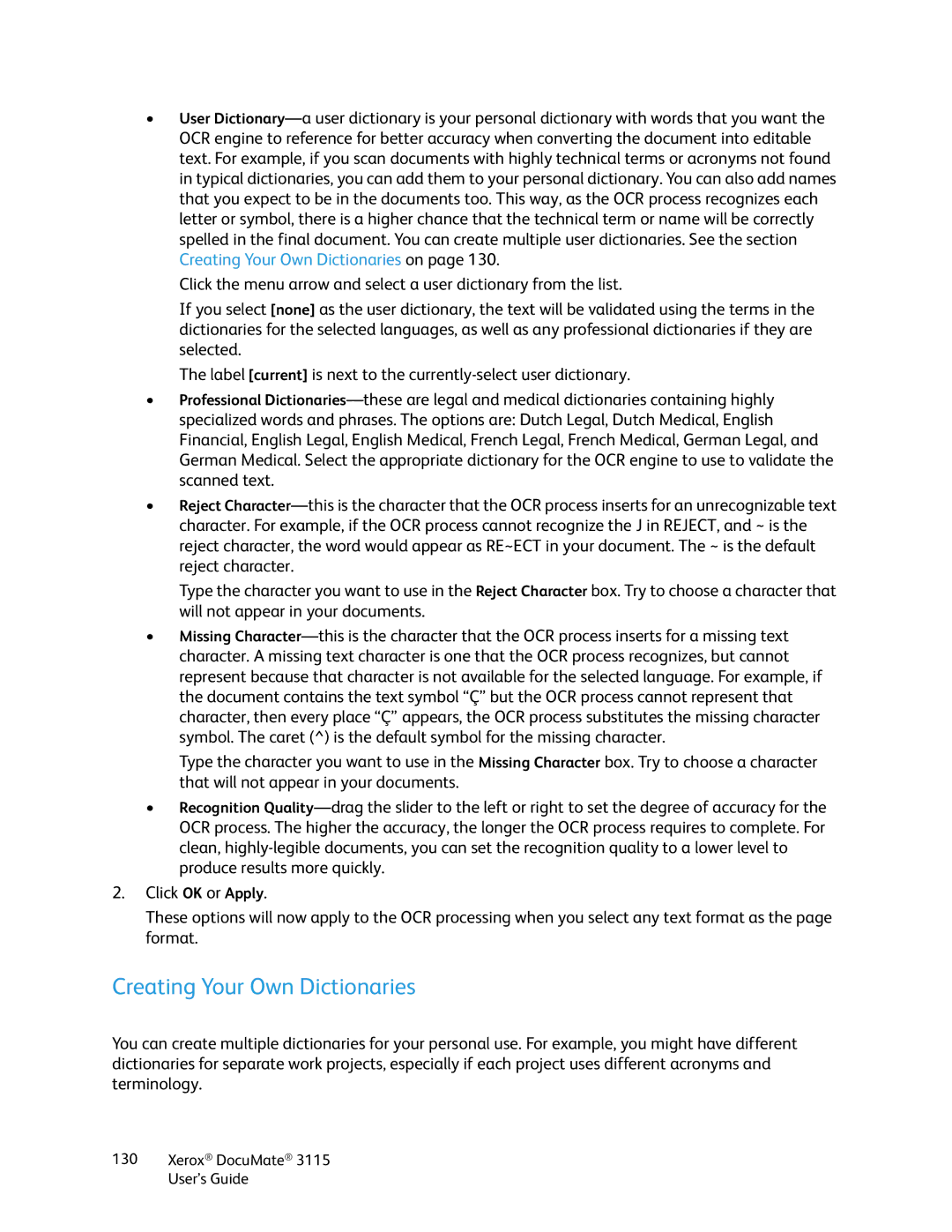 Xerox xerox documate 3115 manual Creating Your Own Dictionaries 