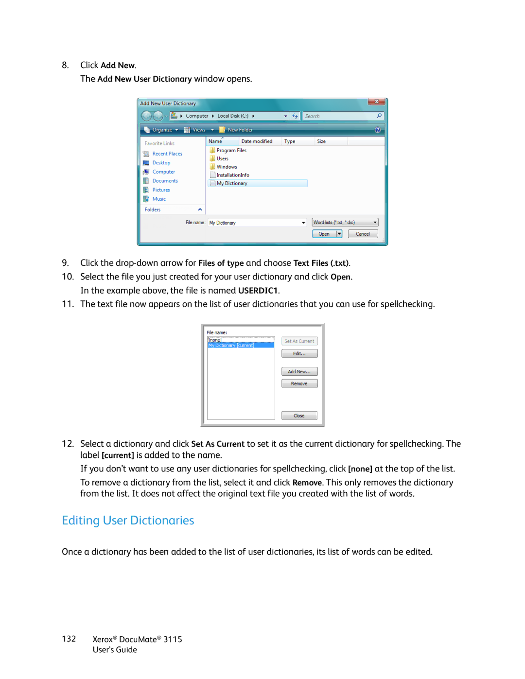 Xerox xerox documate 3115 manual Editing User Dictionaries 