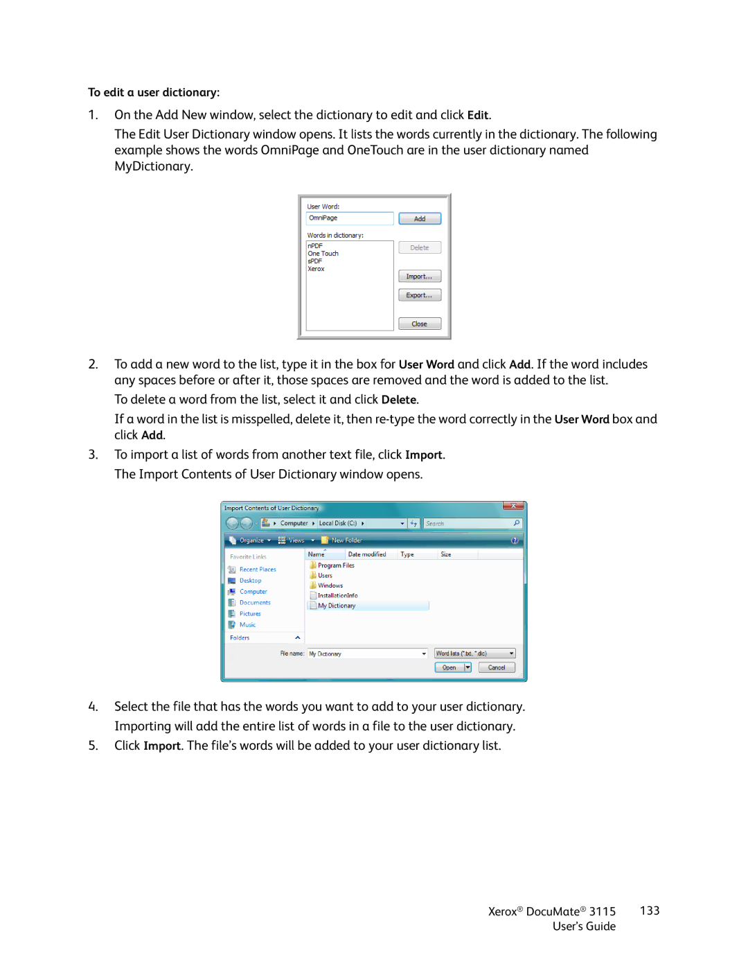 Xerox xerox documate 3115 manual To edit a user dictionary 