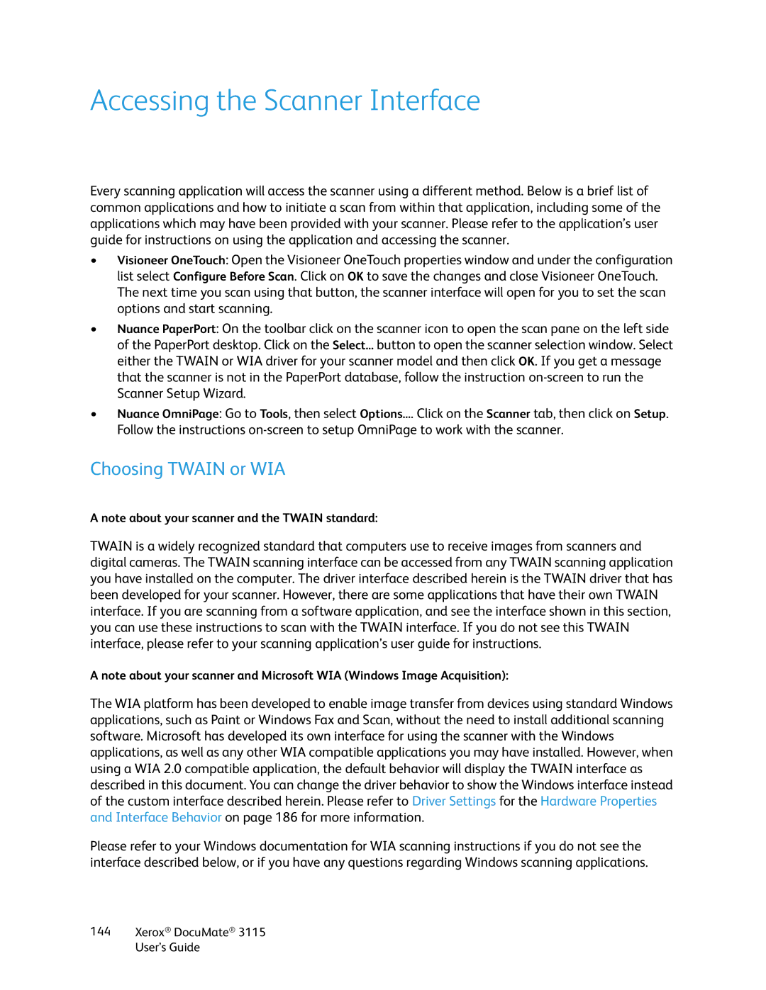 Xerox xerox documate 3115 manual Accessing the Scanner Interface, Choosing Twain or WIA 